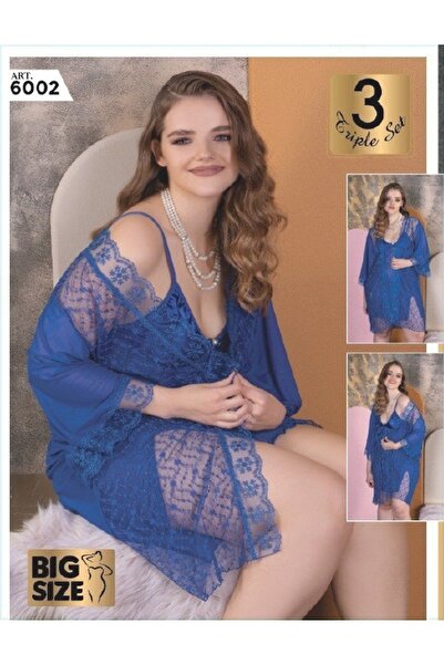 PİERLES Set de albastru cobalt halate de dormit din dantelă de mărime mare – ...