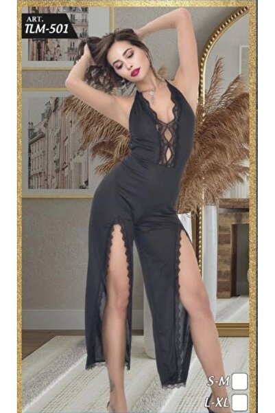 Pi Giyim İnce Askılı Dantelli Fantazi Tulum – Siyah