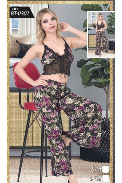 Modaley Giyim Σετ νυχτικό με δαντέλα με λουλουδάτο σχέδιο και φαρδιά πόδια