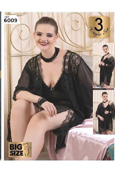 PİERLES Set de 3 halate de dormit din dantelă de mărime mare – negru