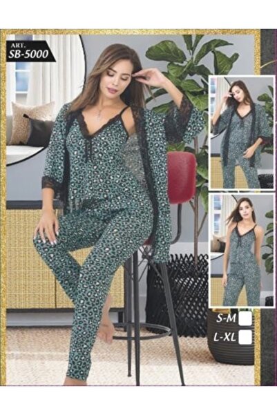 MODA YILDIZ Silky Bustier Three-Piece Pajama Set (Green)