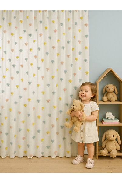 Emuz Renkli Pamuksu Dokulu Saçaklı 1/3 Sık Pileli Çocuk Odası Tül, Perde,