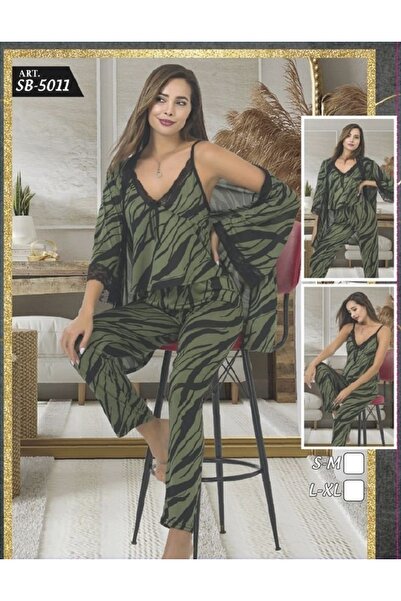 MODA YILDIZ Silky Bustier Three-Piece Pajama Set (Green Zebra Pattern)