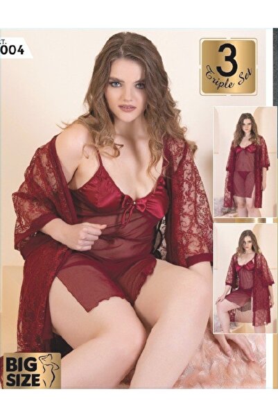 PİERLES Set de 3 halate de dormit din dantelă de mărime mare – Roșu Claret