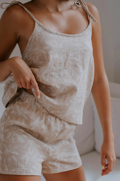 Richo Homewear LOU Jakarlı Muslin İp Askılı Şortlu Takım, %100 Pamuk Kadın Ev...