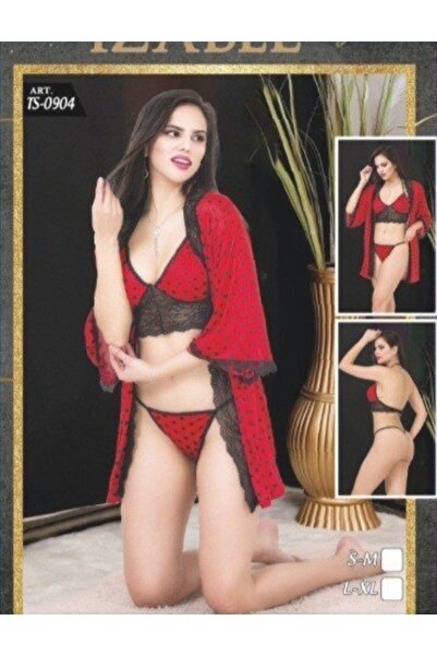 PİERLES Red Patterned Lace 3-Piece Dressing Gown Set