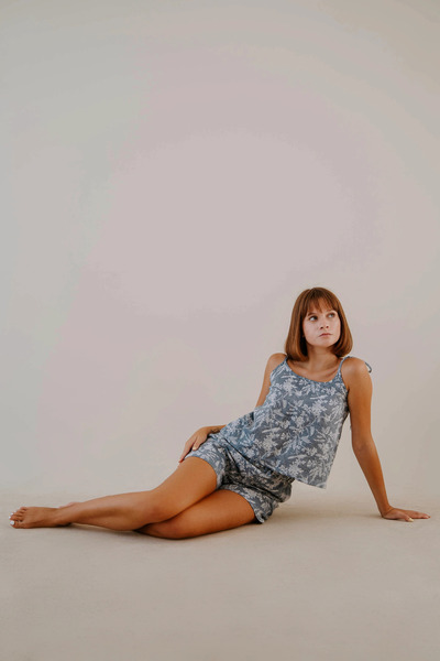 Richo Homewear LOU Jakarlı Muslin İp Askılı Şortlu Takım, %100 Pamuk Kadın Ev...