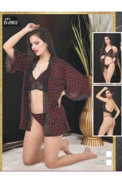 MODA YILDIZ Σετ ρόμπας 3 τεμαχίων με δαντέλα με σχέδιο