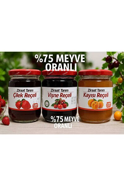 Ziraat Tarım GELENEKSEL ÇİLEK+VİŞNE+KAYISI REÇELİ %75 Meyve oranlı 500 Gr(3 l...