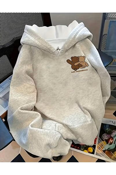 LELVANİ سويت شيرت بغطاء رأس للجنسين بطباعة دمية الدب الصغيرة