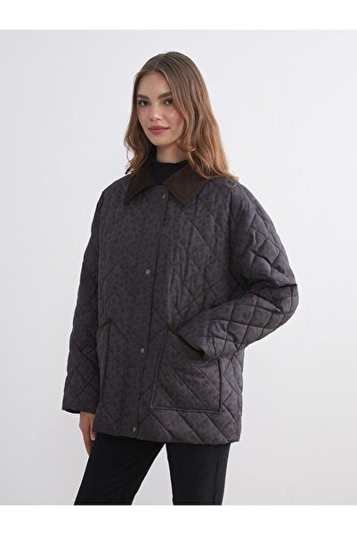 LC Waikiki Lcw Modest Velvet Shirt Collar Patterned Women's Puffer Coat