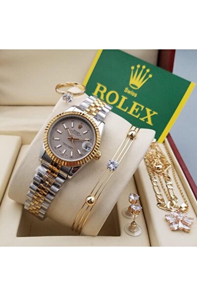 CN طقم ساعة يد نسائية فاخرة بلونين ذهبي وفضي - مع ملحقاتها