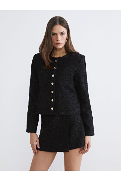 LC Waikiki Lcw Vision Black Tweed Plain Standard & Regular Women's Jacket