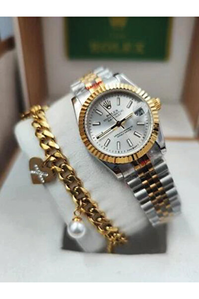 CN Luxury women's wristwatch in two gold and silver tones - white dial and el...