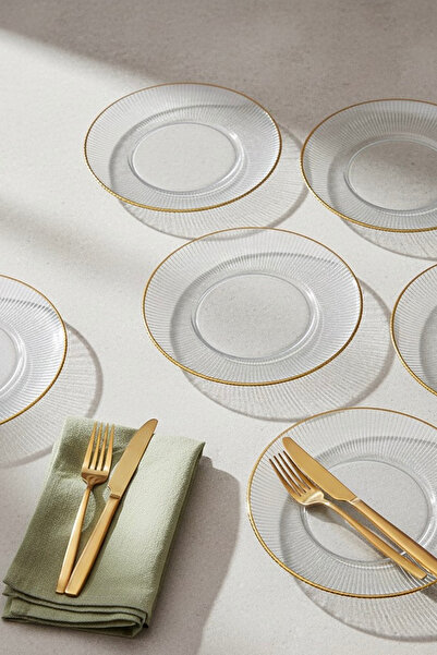 quanco Rosa 6'lı Pasta Tabağı Seti Gold Fileli 19 Cm Altın Yaldız Servis Tabağı