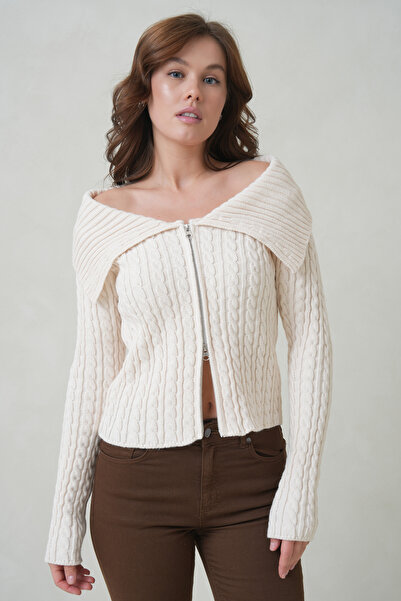 ÖNDER MODA Women's Wide Collar Twist Knit Zippered Sweater Cardigan - Ecru