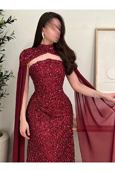 Rahibhdresses فستان سهرة طويل مطرز بالكامل مع كاب شيفون