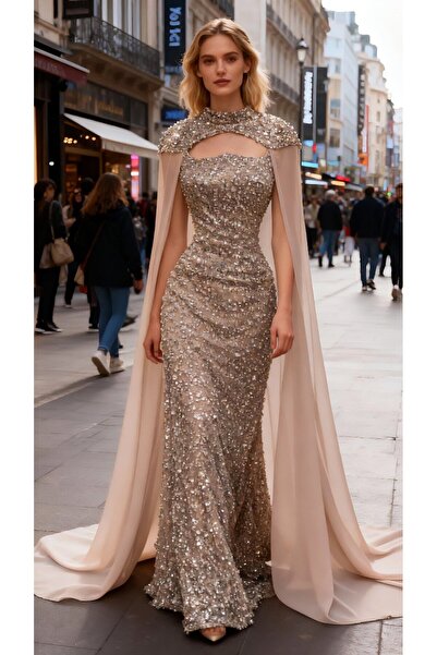 Rahibhdresses Fully embroidered long evening dress with chiffon cape