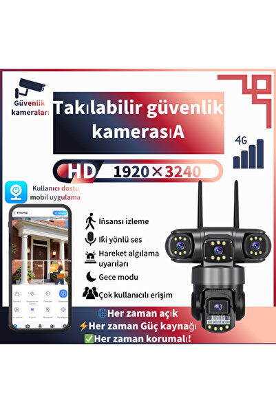 Dobest 9MP 4G SIM Destekli Üç Lens PTZ Kontrol, 360° Panoramik, Gece Görüş, Hareket Algı, Sesli Görüşme