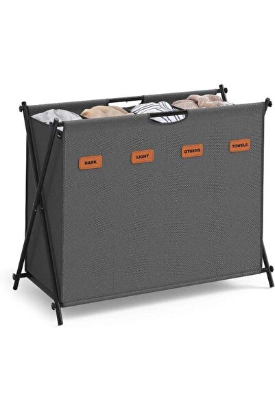 Generic Song Mix Laundry Basket, 40.9 Gal, 4 Sections, X-foldable Frame, Customizable Labels, Dark Gray