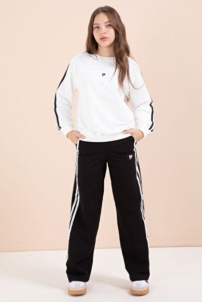 Cansın Mini Siyah Şerit Detaylı Geniş Paça Nakışlı Kız Oversize Eşofman Takımı 23452