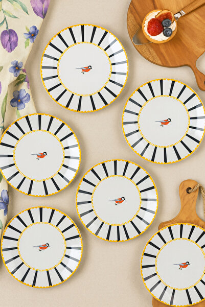 grandora Bird Patterned Black Striped 6-Piece Serving Plate Set (27 cm) – Modern Cake, Breakfast Presentation Plates
