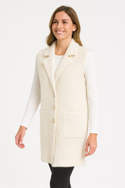 Mutlu City Vestă lungă din tricot pentru femei, cu buzunare și nasturi 25023