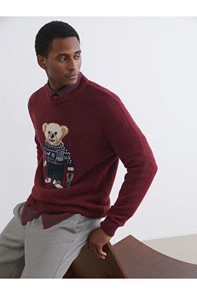 LC Waikiki Lcw vision burgundy crew neck bear teddy Printed men's knit sweater