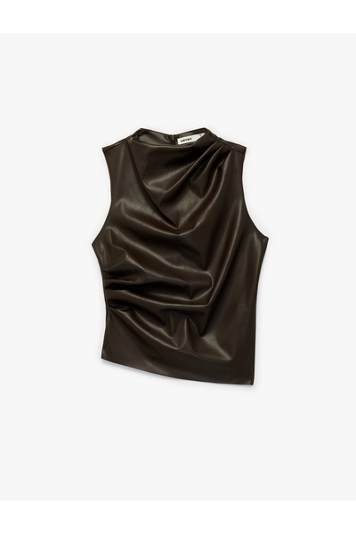 Koton Slim Fit Draped Round Lightweight Mock Neck Sleeveless Faux Leather Blouse