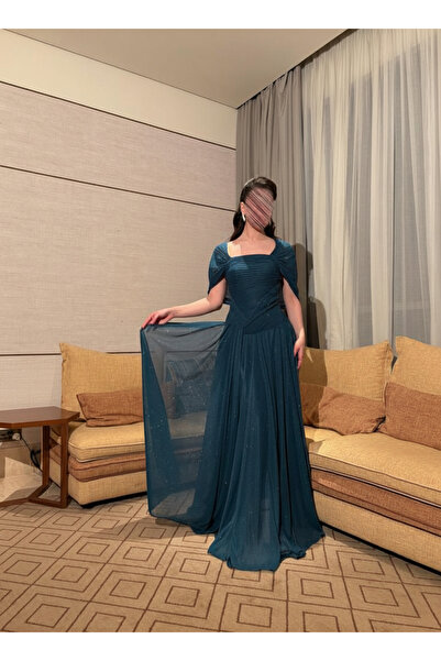 elin petrol blue glitter evening dress