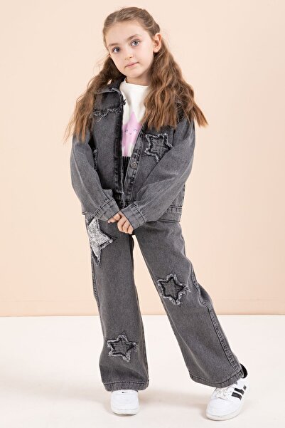 Cansın Mini Black Star Embroidered Jacket Girl's 3-Piece Jean Set 23444