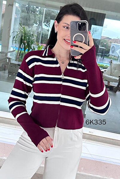 İnce Topuk Zippered Striped Knitwear Cardigan 6K335