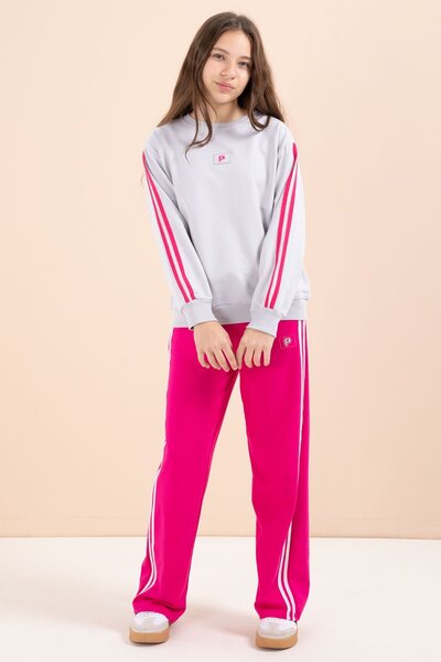 Cansın Mini Set de trening pentru fete supradimensionat cu broderie cu picioare largi, fucsia detaliu cu dungi 23457