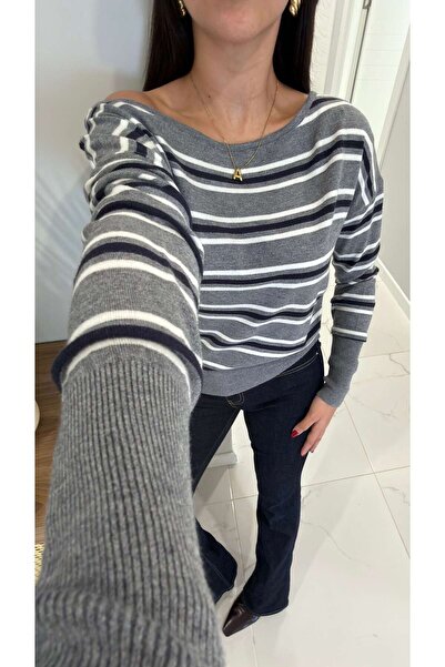 BİRCANÇİL Cetry Gray Navy Blue One-Shoulder Open Striped Knitwear