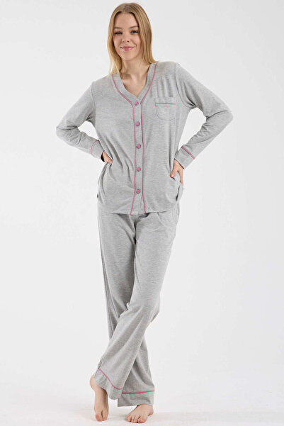 Sementa Piped Detail Button Pajama Set - Gray