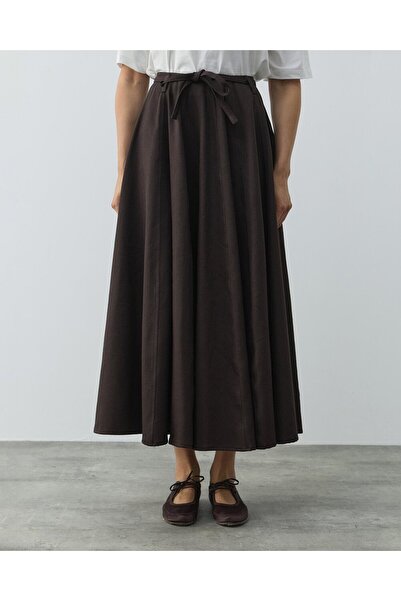 Aybikestil Denim Parçalı Volum Etek Kahve