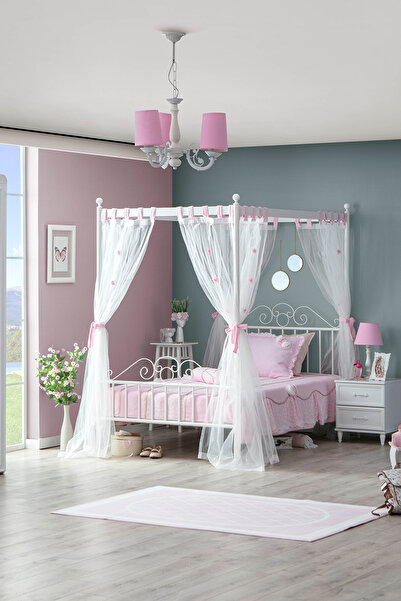 benim odam T.Ü. Düz Beyaz Metal Tek Kişilik Ferforje Karyola + Cibinlik + Ayak (120 x 200)