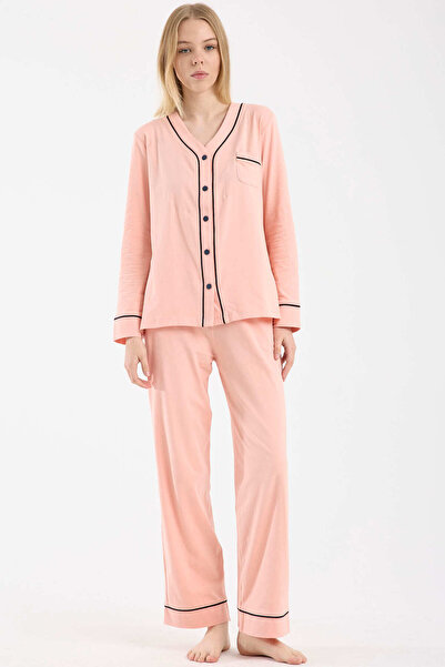 Sementa Biye Detaylı Düğmeli Pijama Takım - Somon