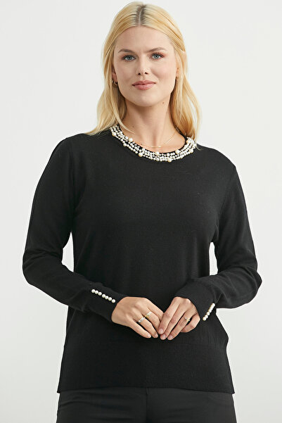 Sementa Round Neck Pearl Detailed Knitwear Sweater - Black