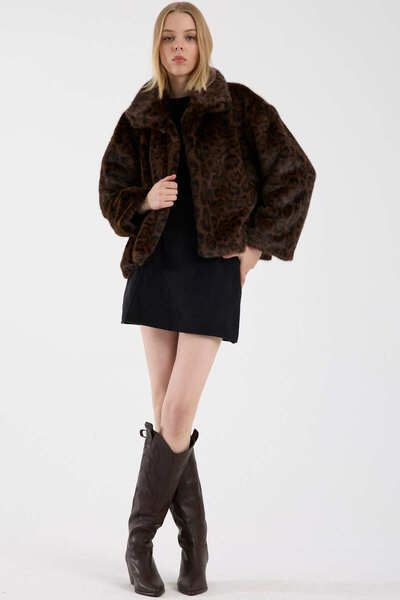 Sementa Leopard Patterned Short Faux Fur Coat - Brown
