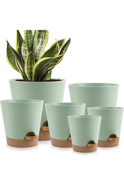 Generic YNNICO Self-Watering Plant Pots (Set: 8,7,6.5,6,5.5,5 in) with Drainage & Saucers, Green