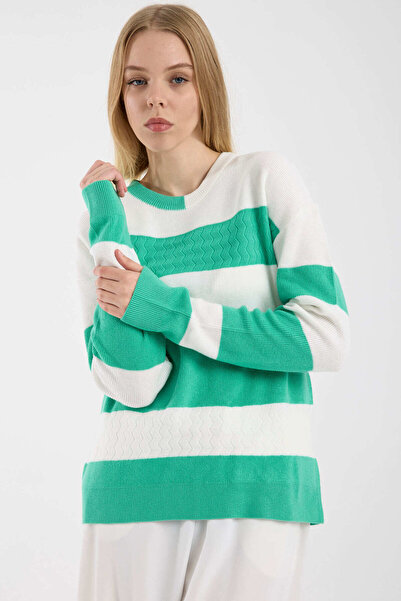 Sementa Block Striped Off-Shoulder Knit Sweater - Green
