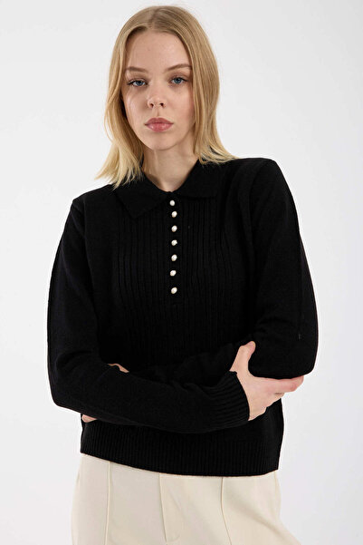 Sementa Pearl Button Collar Knitwear Sweater - Black