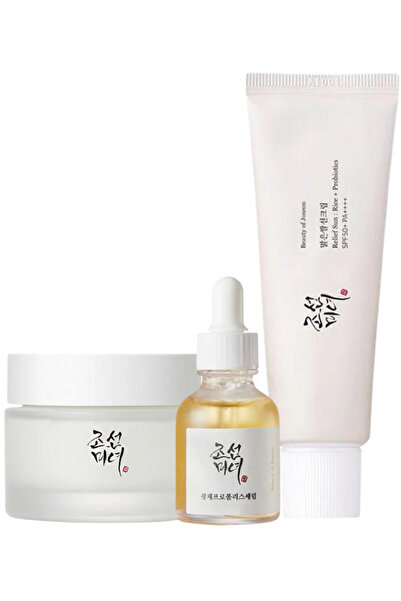 Beauty of Joseon مجموعة الإشراق + ليفة التقشير: سيروم الإشراق، كريم داينستي، وواقي الشمس ريليف بعامل حماية من الشمس 50+