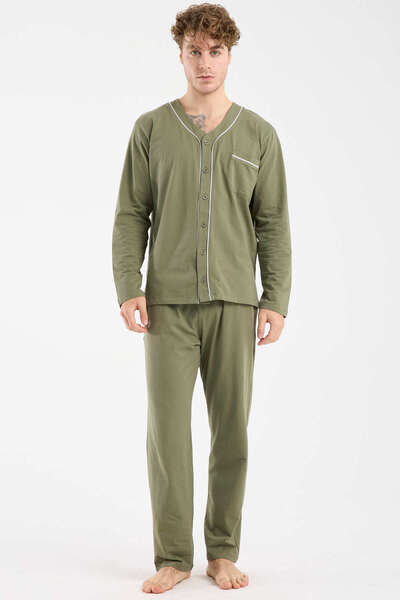 Sementa V-Neck Buttoned Pajama Set - Khaki