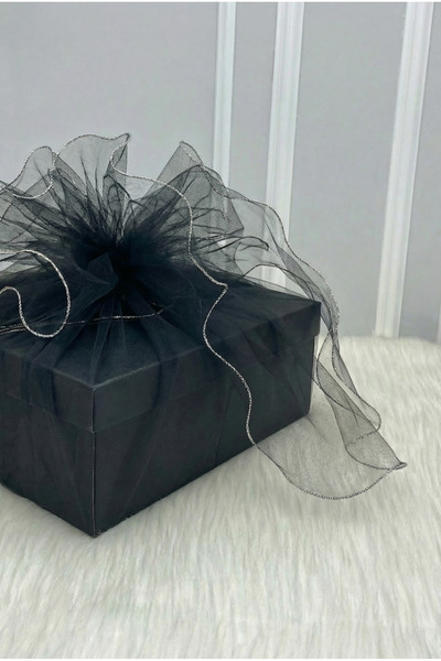 ZEYMERADE Black Embellished Tulle, Silver Edge Bundle Dowry Bride Groom Promise Engagement Wedding Suitcase Gift Ornament 150X150Cm