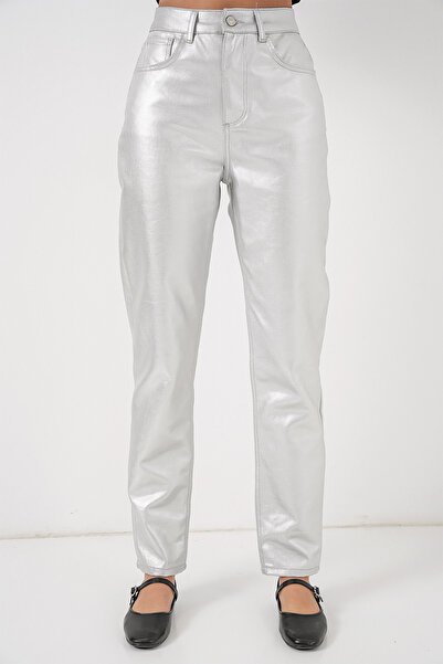 Modamorfo Women's High Waist Shiny Pants 6738 - Silver