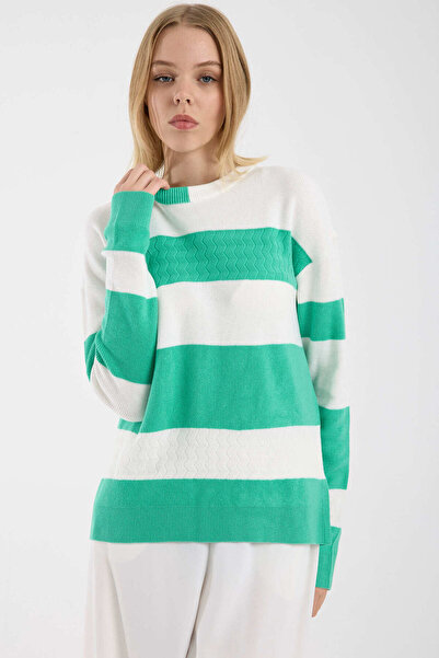 Sementa Плетен пуловер с ниски рамене и блокови ивици - зелен