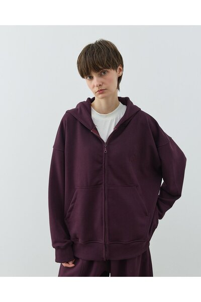 Aybikestil Diagonal Üç İplik Fermuarlı Kapüşonlu Sweatshirt Mürdüm