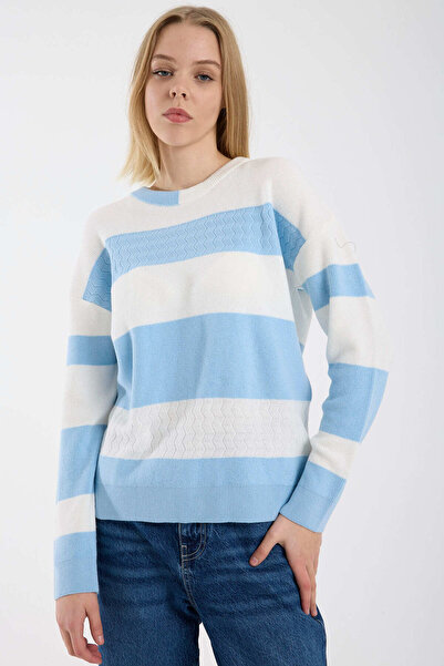 Sementa Плетен пуловер с ниски рамене и блокови ивици - син